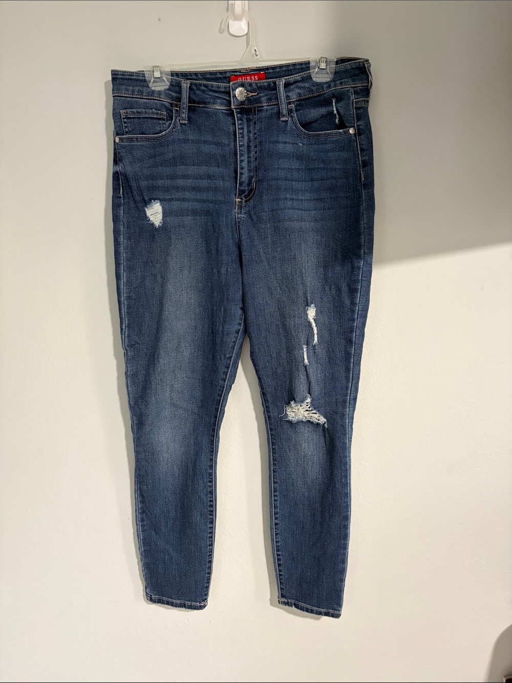 Guess Women’s Skinny Ripped Jeans - Mid Blue